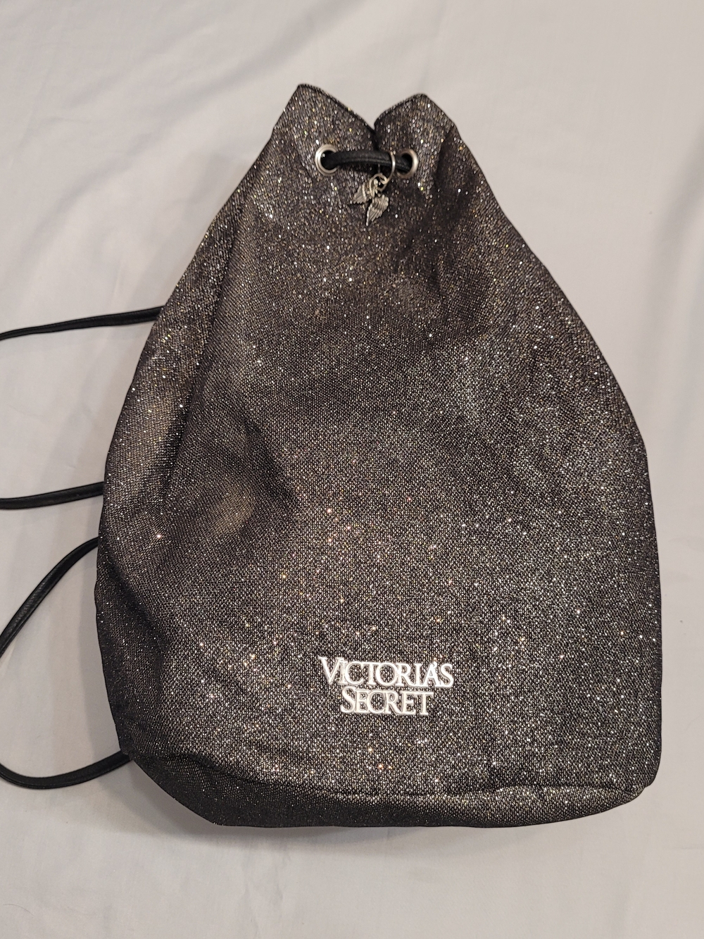 Victoria’s Secret Glitter Drawstring Backpack Bucket Bag Black Silver